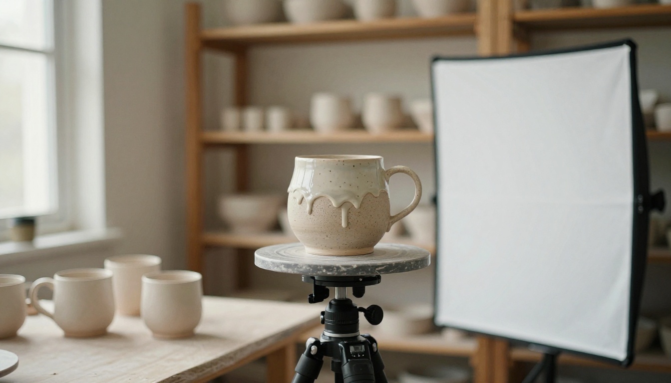 Ceramicist photographing speckled stoneware mugs in a home studio