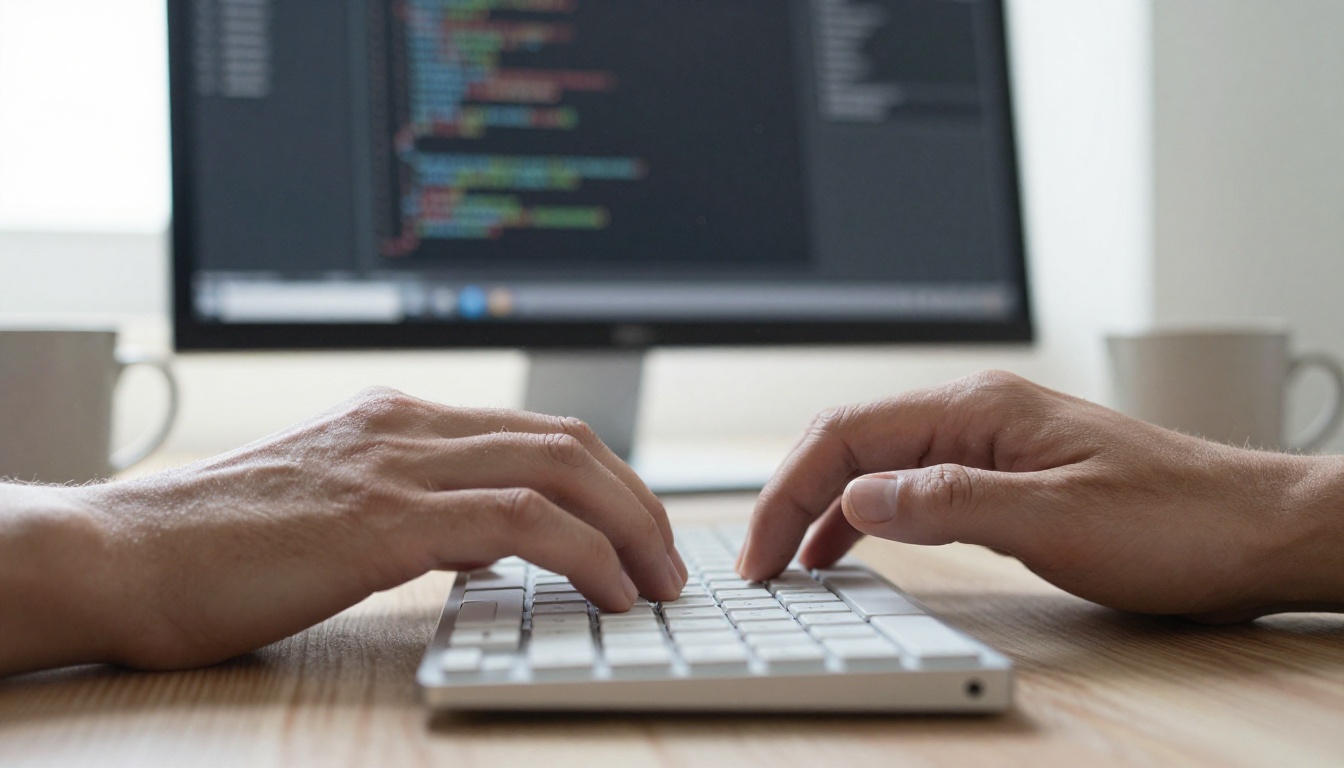 Hands typing on a keyboard in front of a blurred monitor showing short lines of code