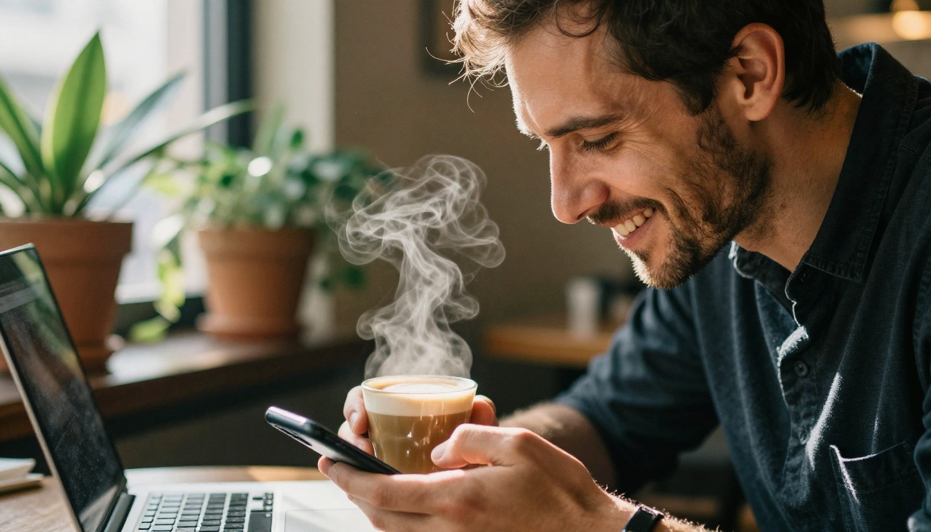 Man testing a chat reply on his phone at a cafe table