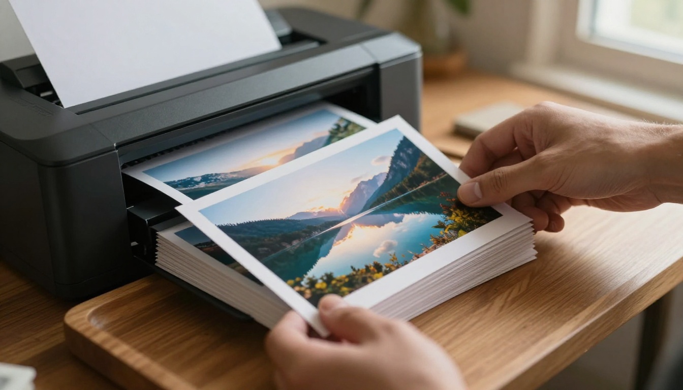 A hand sliding a freshly printed mountain lake photograph out of a desktop printer