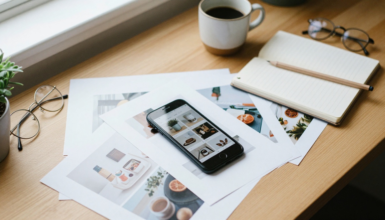 Overhead view of a workspace with printed product photos and a phone