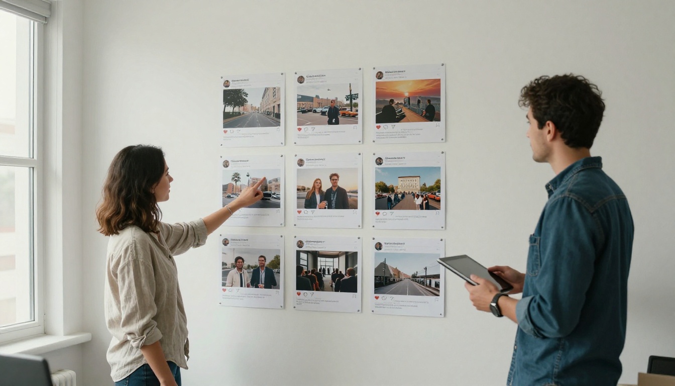 Two colleagues reviewing a wall of sixteen printed blog header photographs