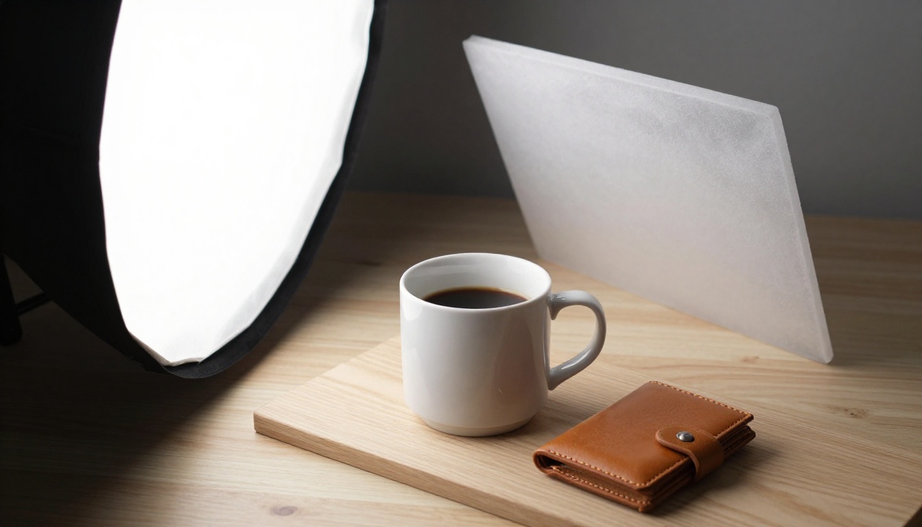 A white ceramic mug and a leather wallet on an oak board in a small studio setup