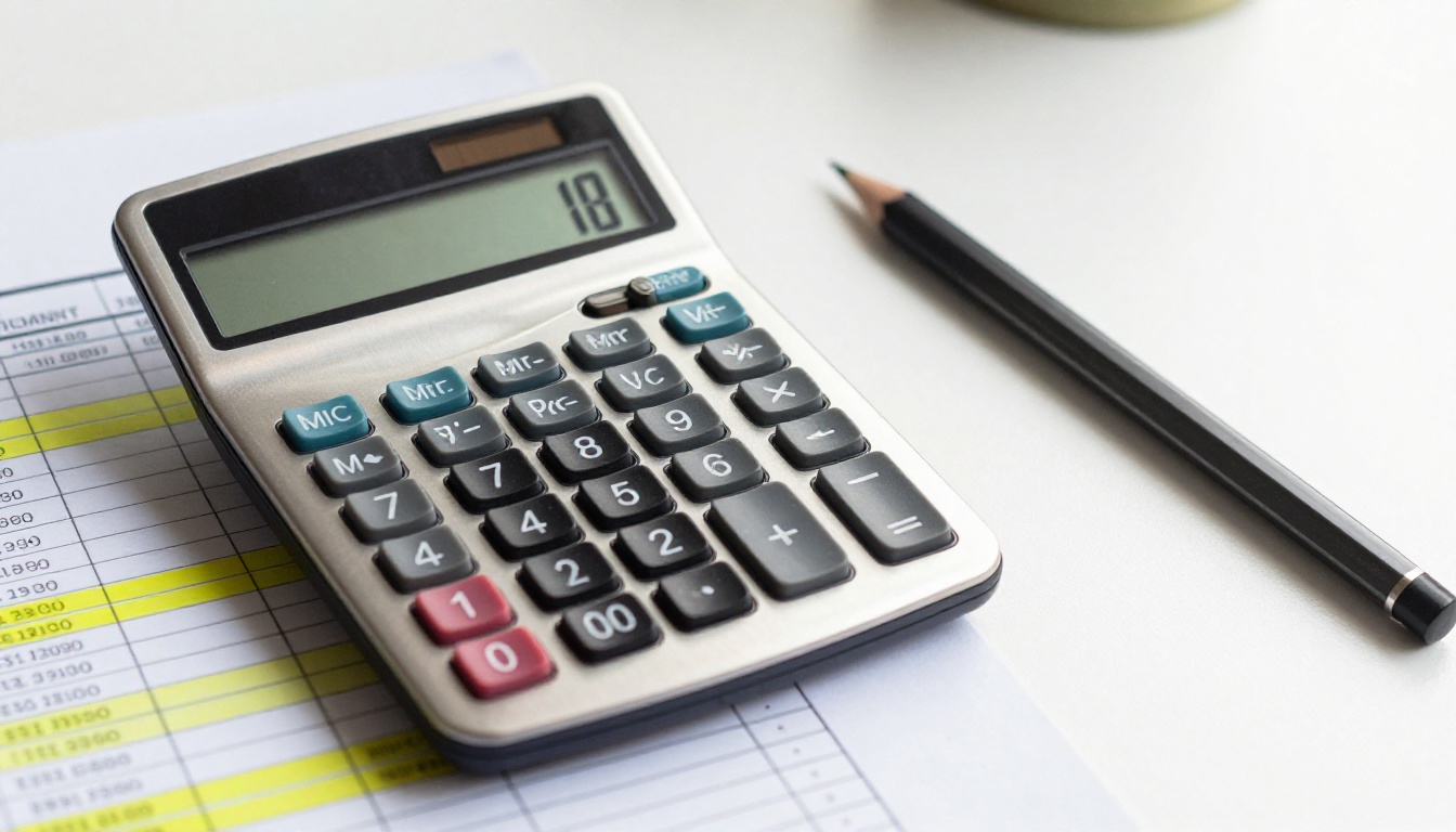 A calculator, printed spreadsheet, pencil, and kitchen timer seen from above