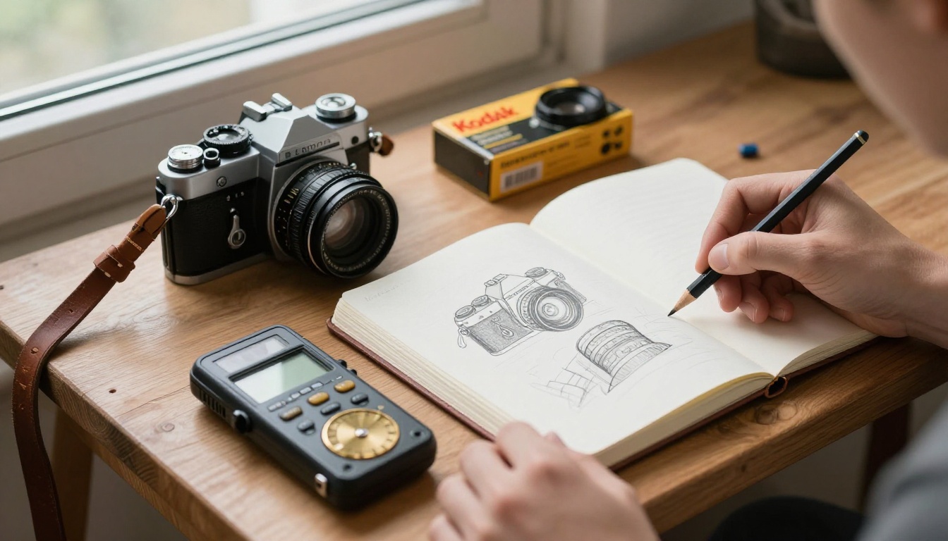 A photographer's workbench with a vintage film camera, light meter, and sketch notebook