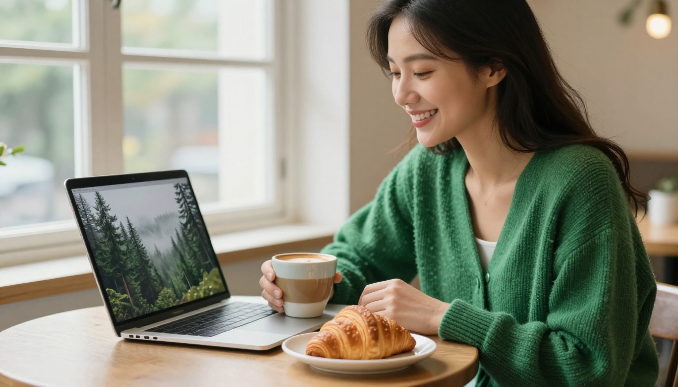 A smiling woman at a cafe window table with a laptop showing a generated forest landscape