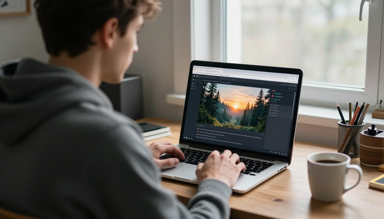 Man in a charcoal hoodie watching a chat window where a bot just posted a sunrise photo