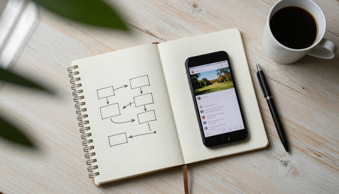 Top-down view of a notebook diagram, phone chat and coffee on an oak desk
