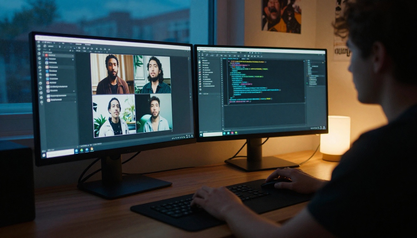 Low-angle view of a bedroom desk with two monitors showing a chat of generated photos and code