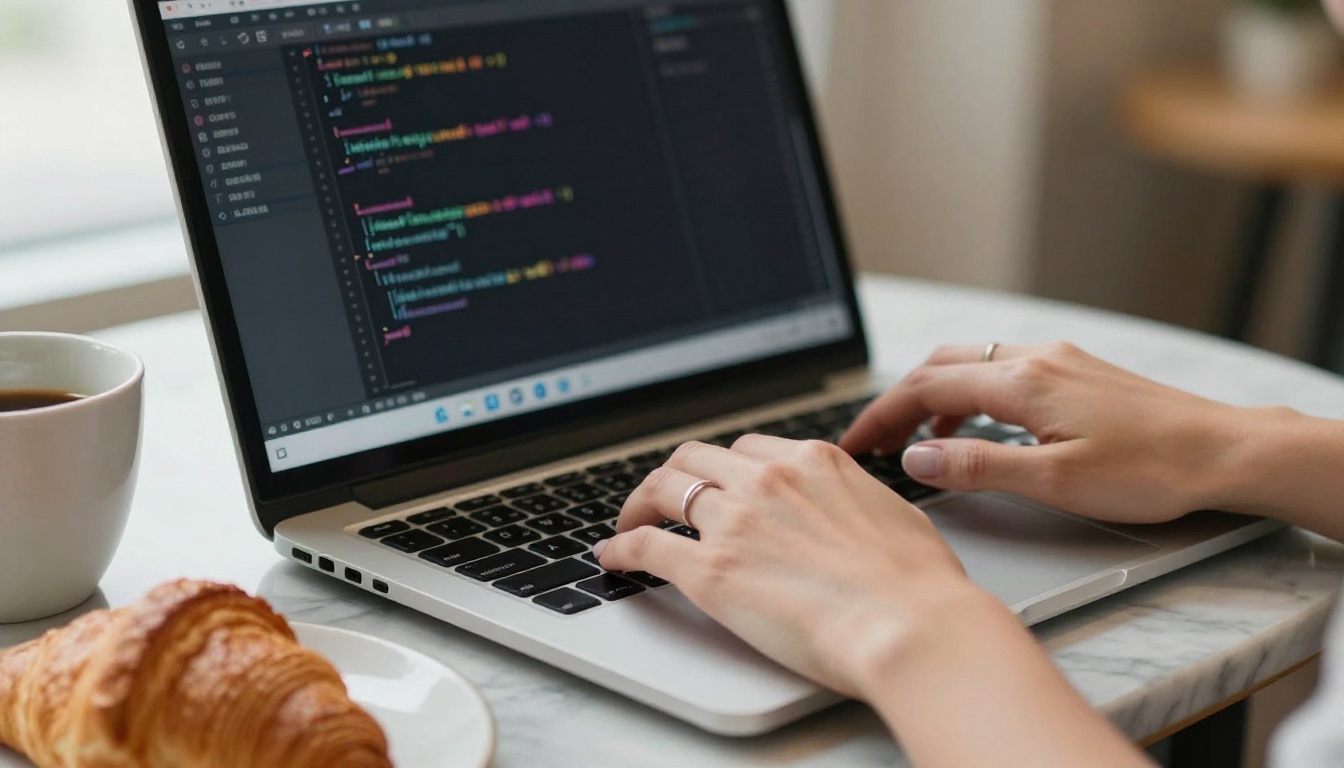 Close-up of a woman's hands typing on a laptop with a code editor in a cafe