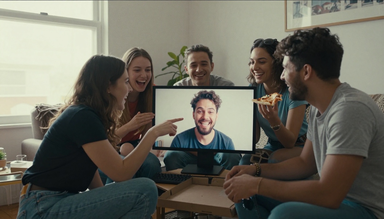 Four friends laughing around one monitor in a bright living room