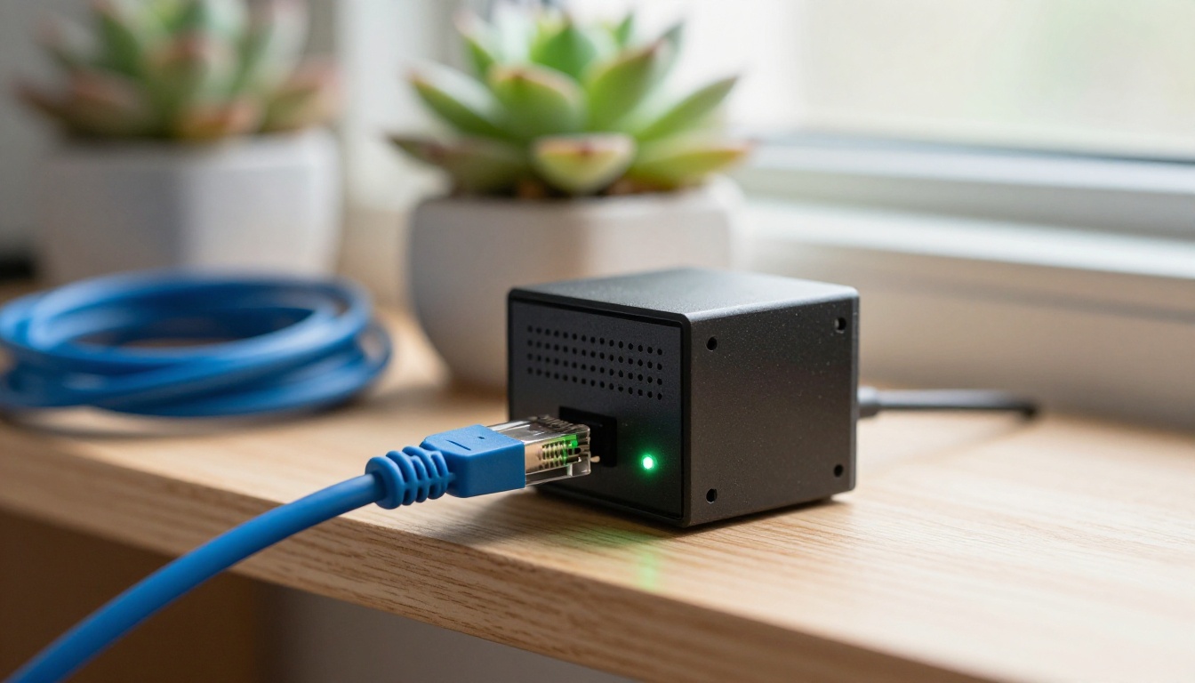 Small black mini PC on a wooden shelf with an ethernet cable plugged in