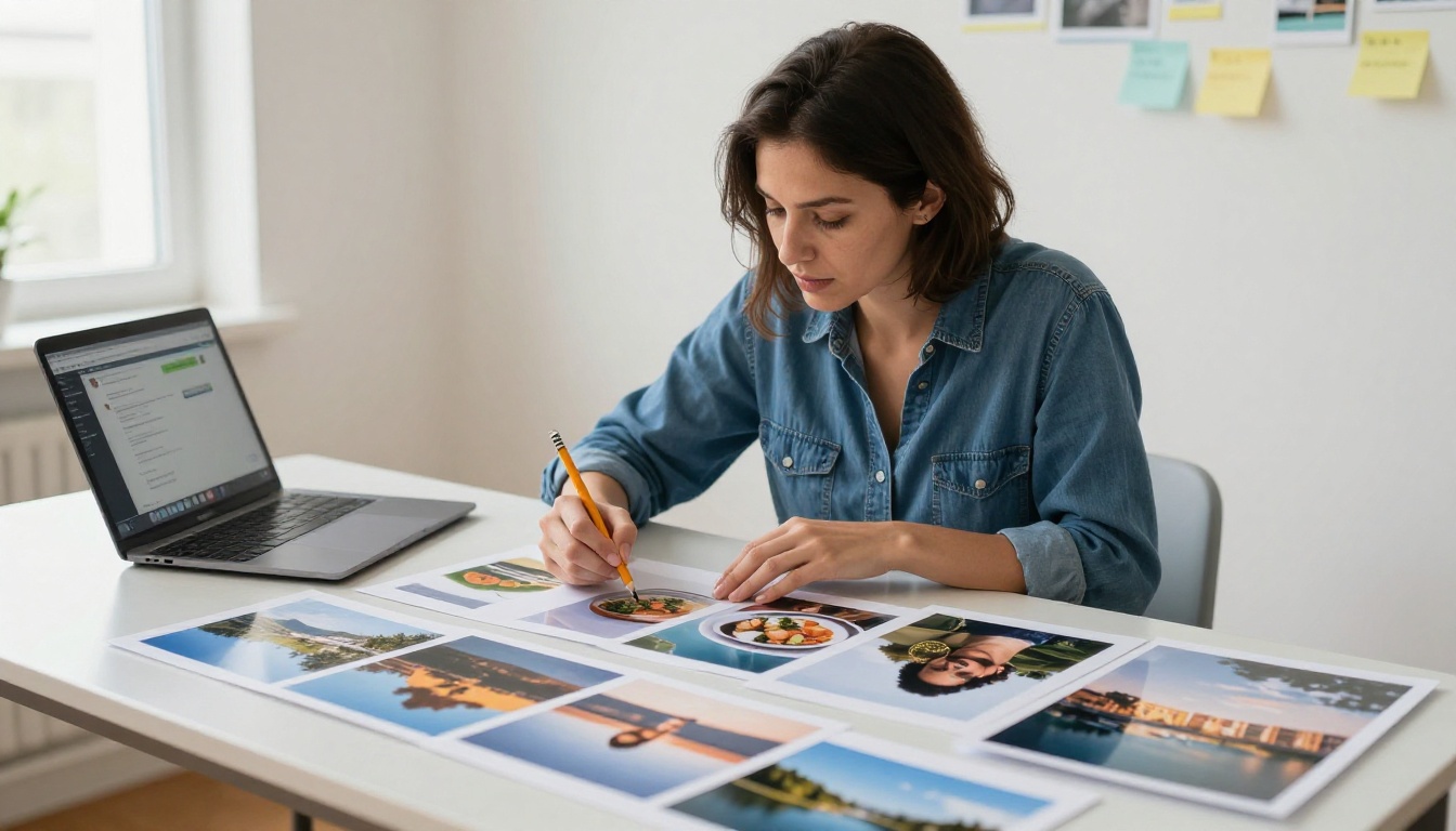 Woman in a denim shirt comparing printed photographs on a long table