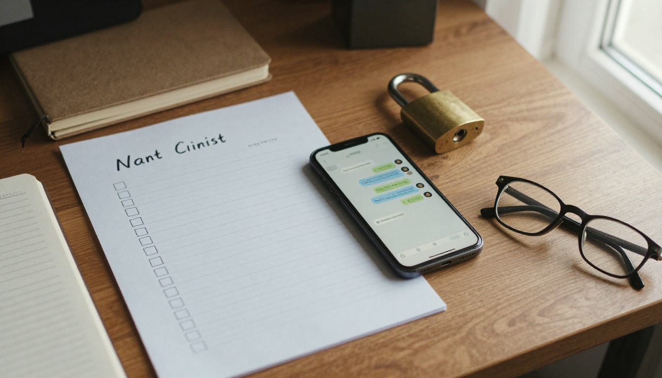 Desk with a handwritten checklist, phone chat and a brass padlock on a notebook