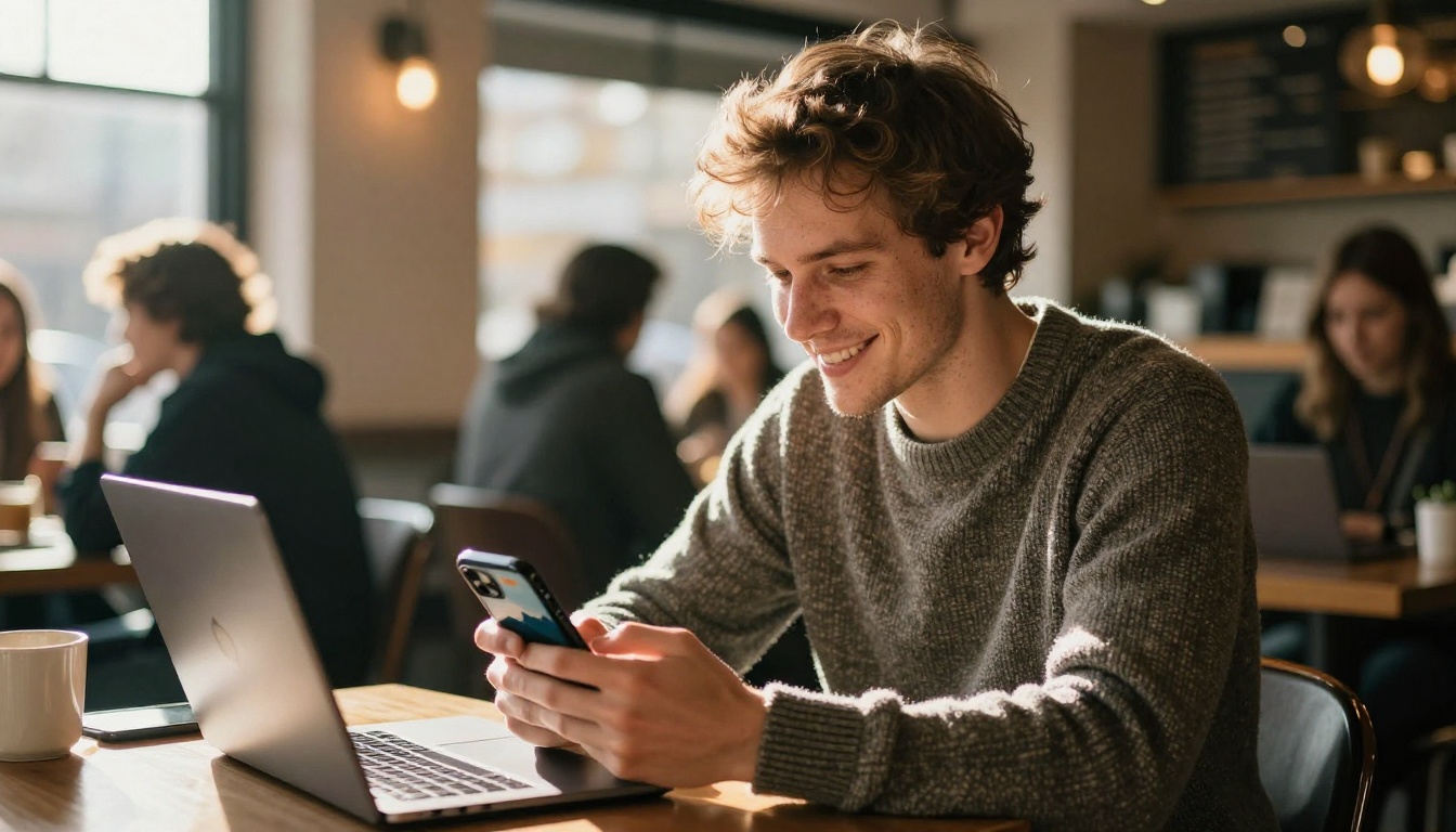 Smiling man in a cafe holding a phone that shows a generated mountain photo