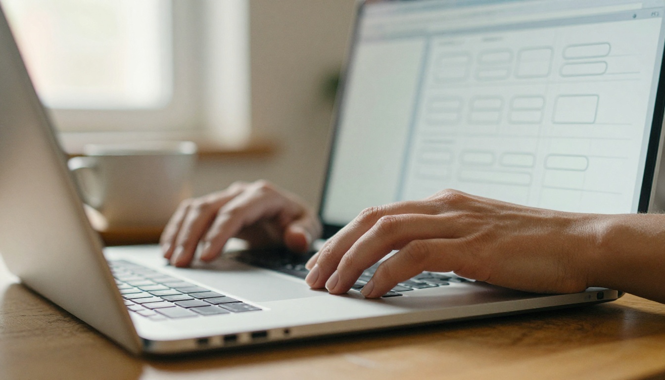 Woman's hands typing on a silver laptop at a kitchen table with a blurred workflow canvas on screen