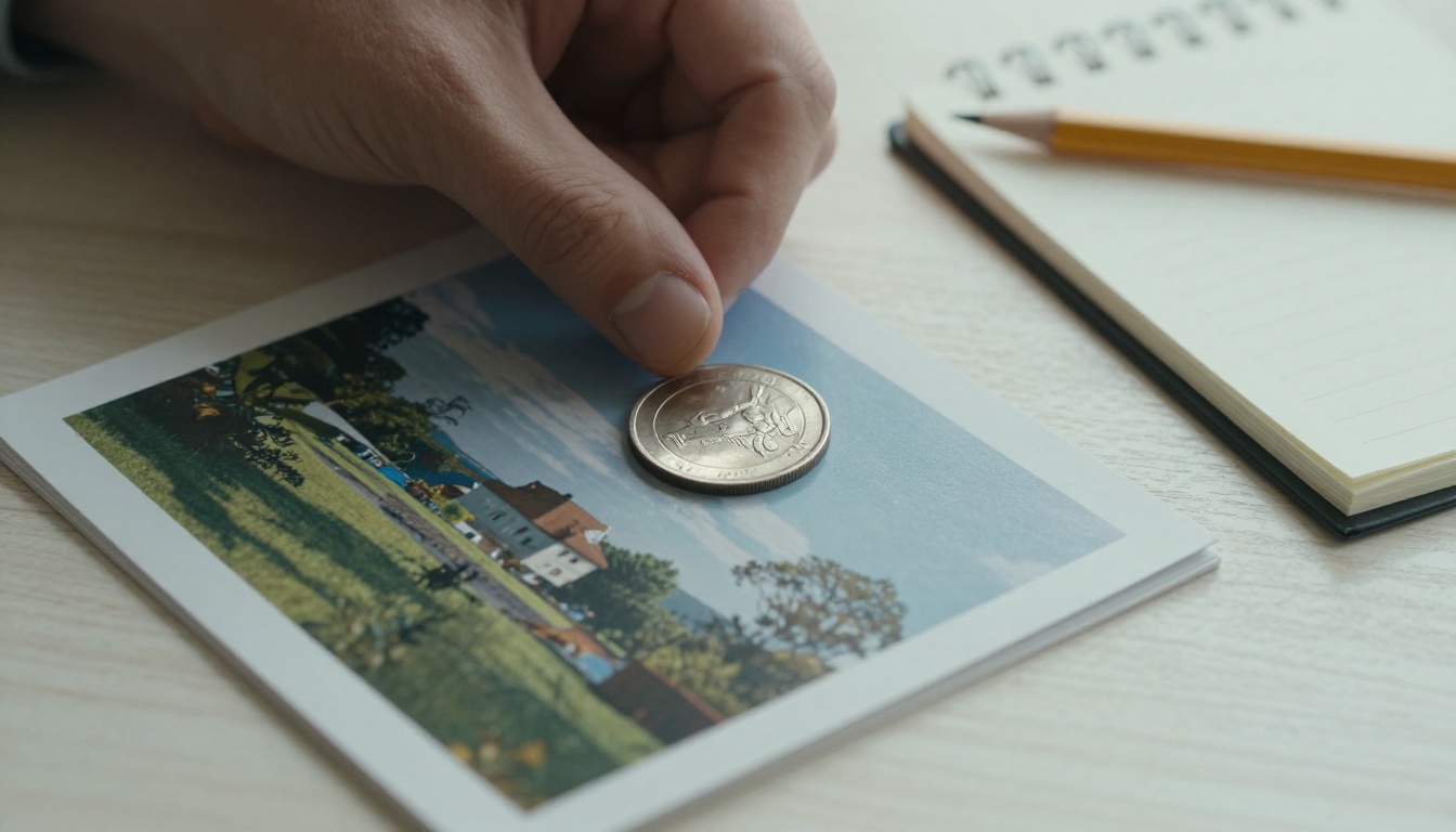 Silver coin on a stack of printed landscape photographs on a pale oak table