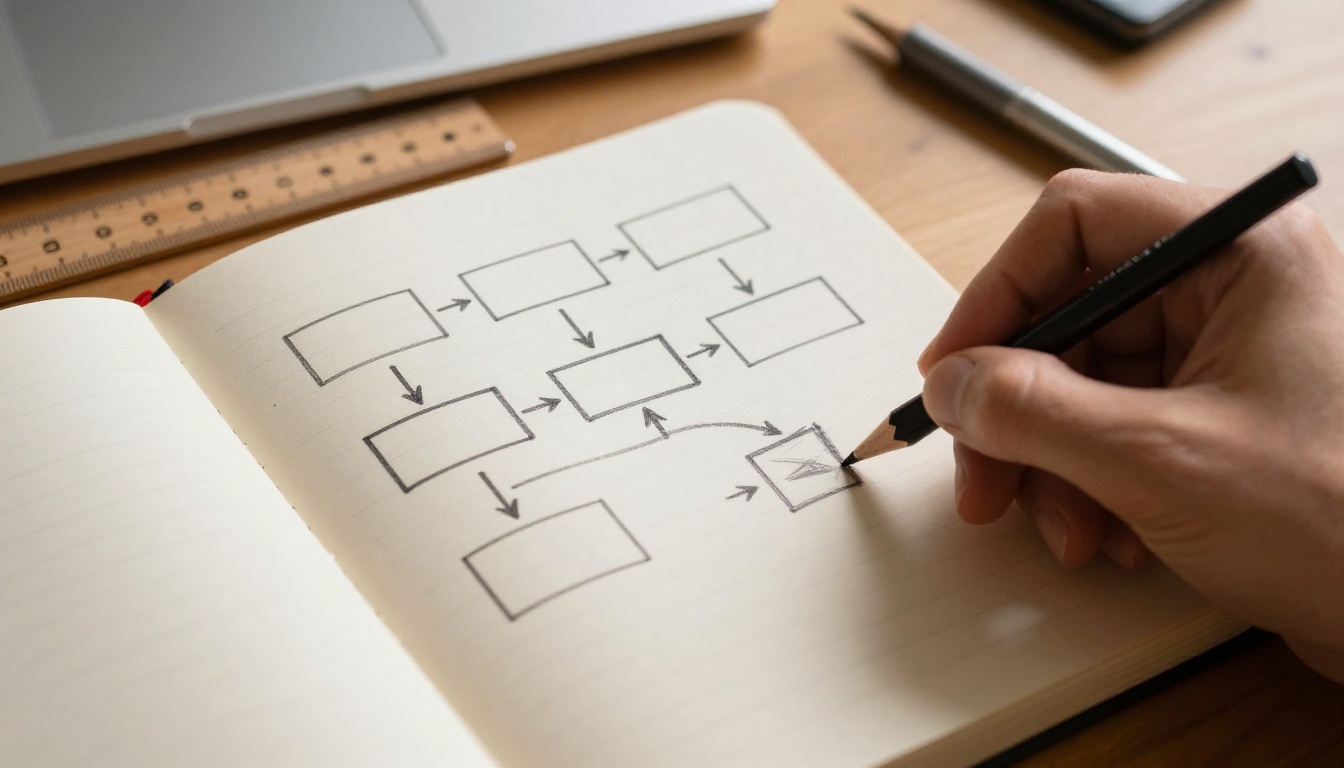 Pencil-drawn flowchart of five empty boxes joined by arrows in a notebook