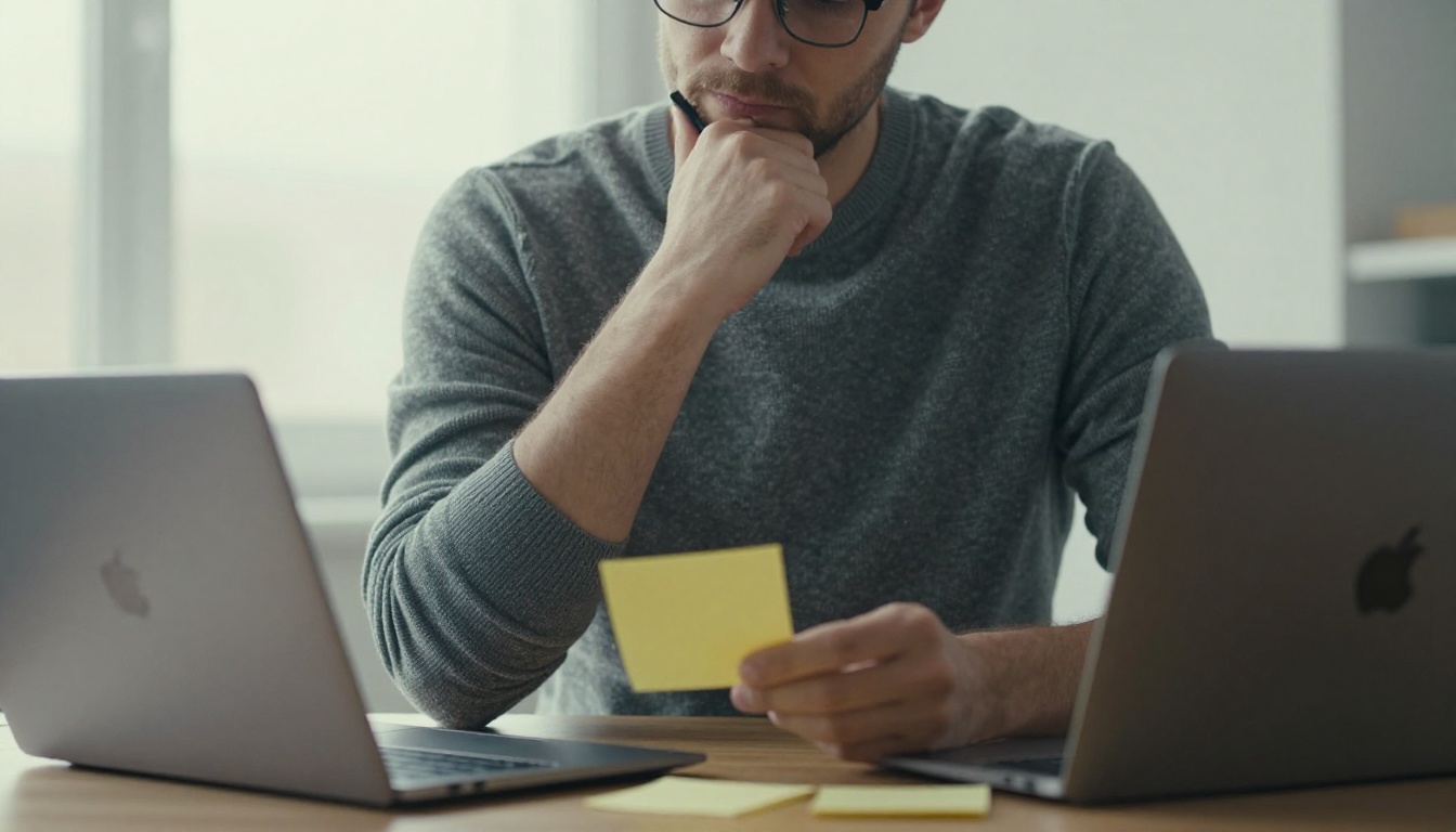 Man in a grey sweater thinking at a standing desk while reading from a laptop