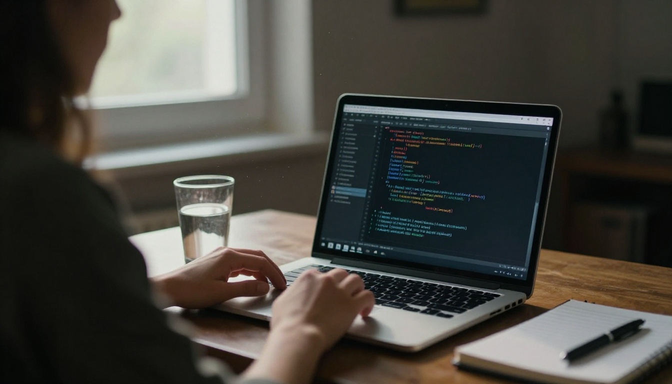 Developer's laptop with a blurred code editor in a dim living room