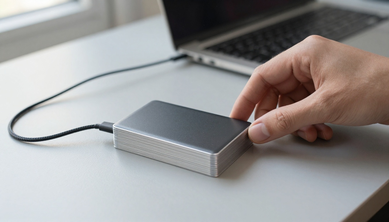 Hand placing a small external SSD beside printed contact sheets on a grey desk