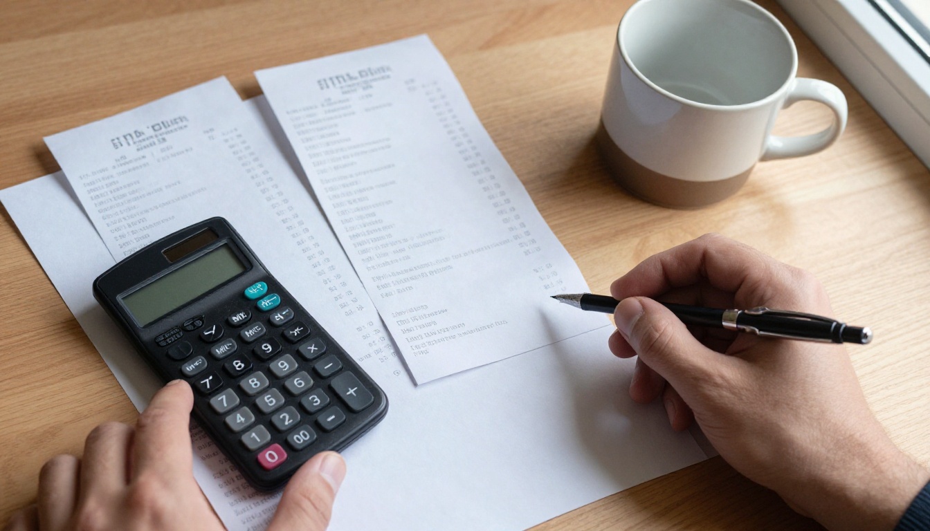 Calculator, paper receipts and a ceramic mug on a tidy desk seen from above