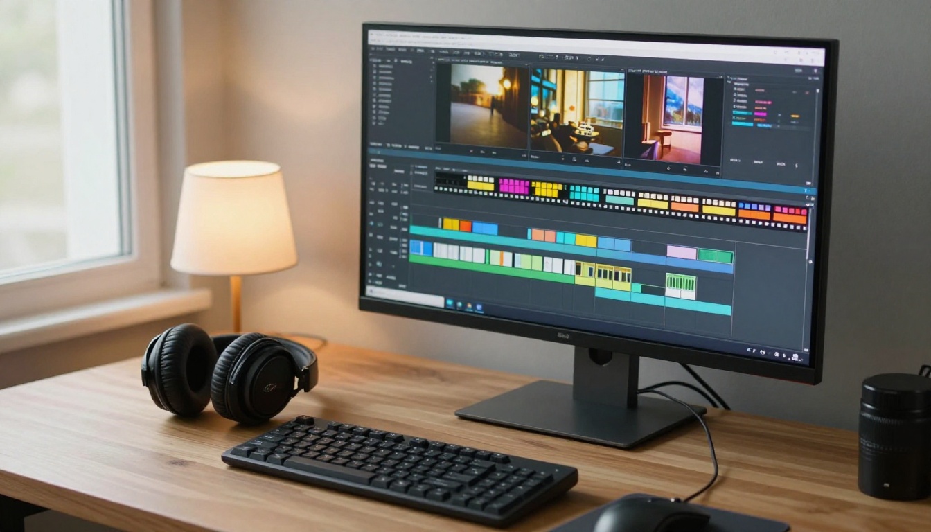 Video editor's desk with a wide monitor showing a blurred timeline and studio headphones