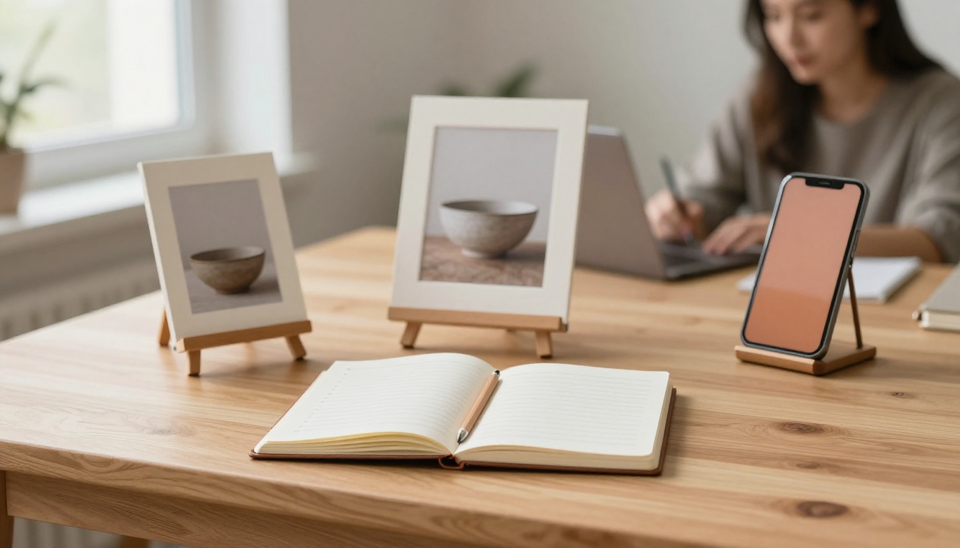 A notebook, a framed print and a phone on a desk showing the three layers of a carousel