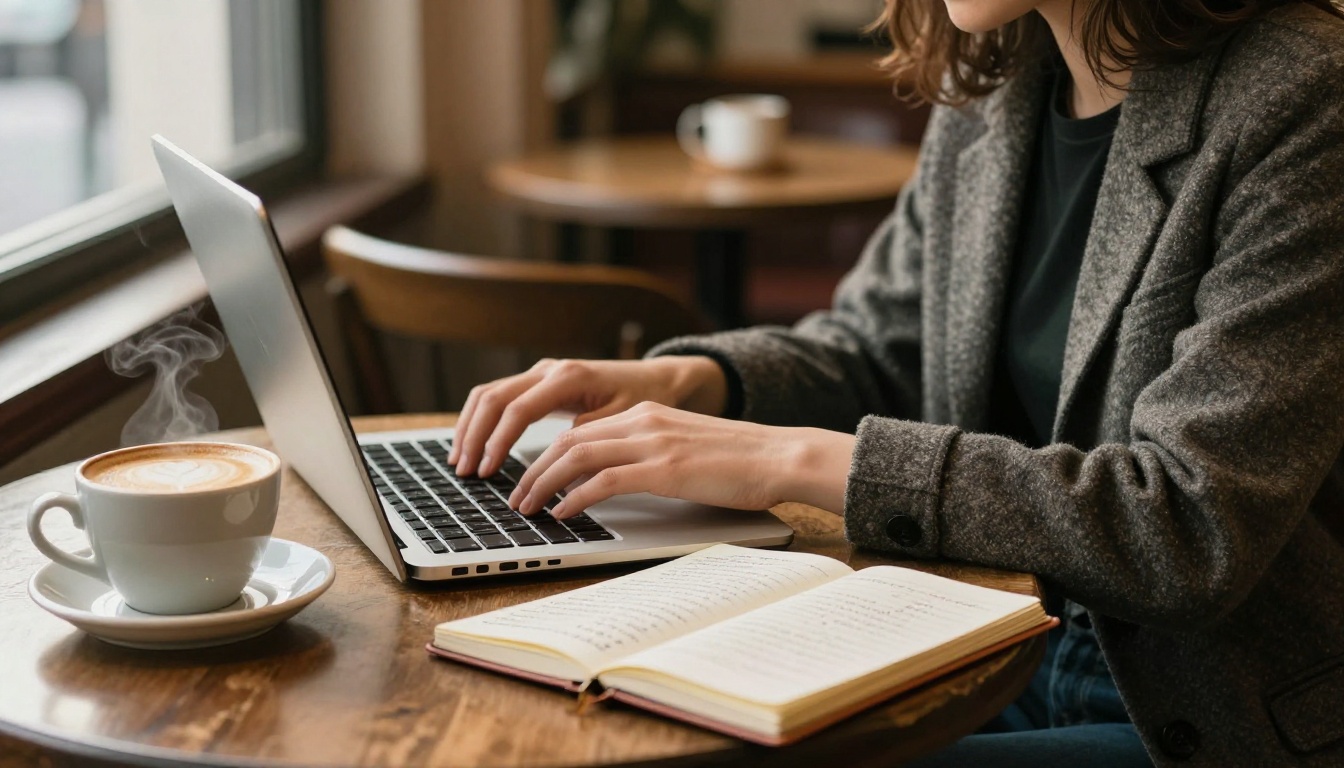 A content strategist drafting slide copy on a laptop in a sunlit café