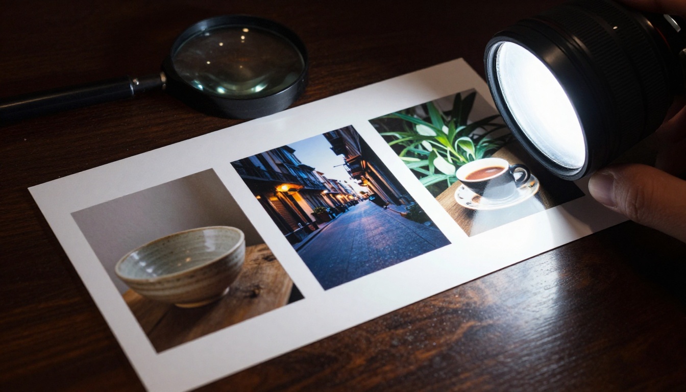 A photographer comparing five printed photographs side by side on a walnut table