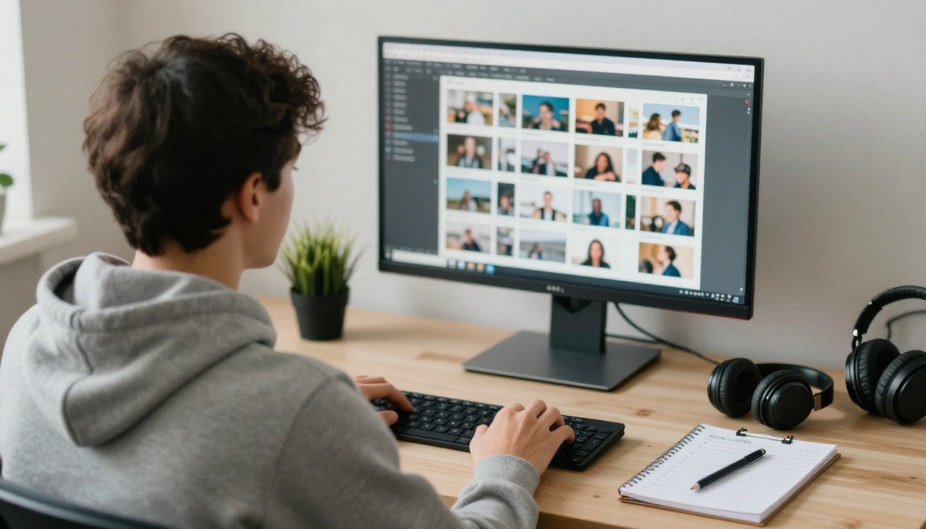 A creator working at a standing desk with a grid of photo thumbnails on the monitor