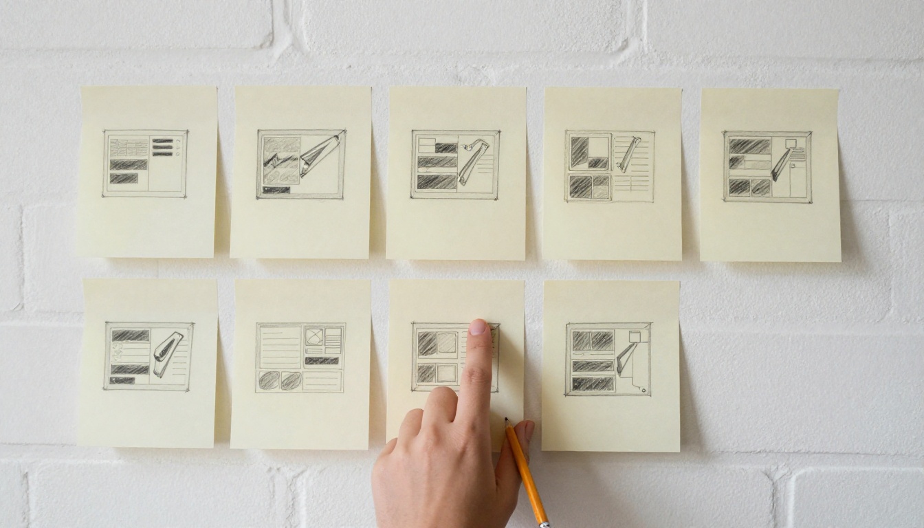 Ten sticky notes with rough slide sketches on a white brick wall