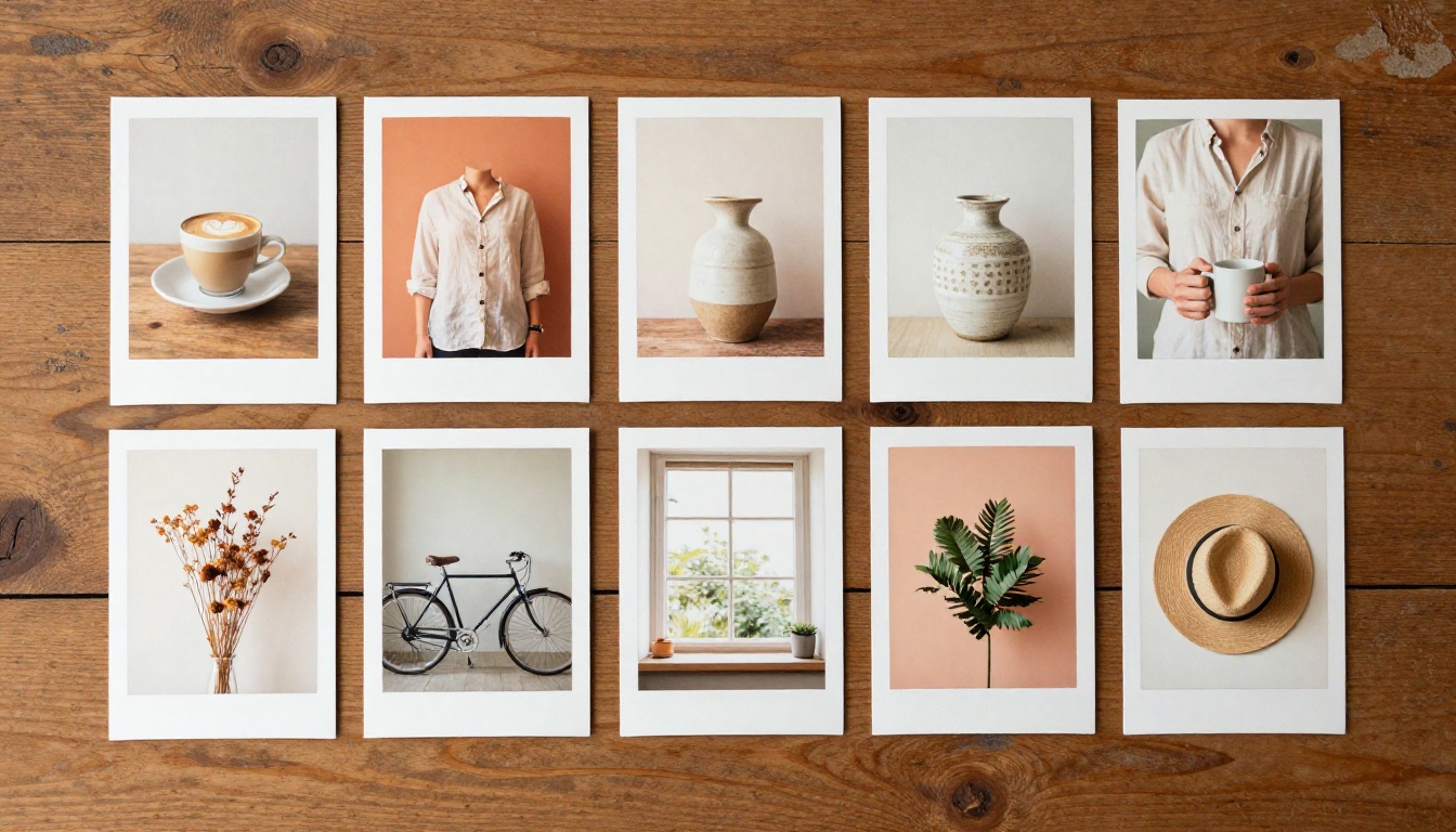 Ten matching photographic prints sharing one warm palette on a wooden table
