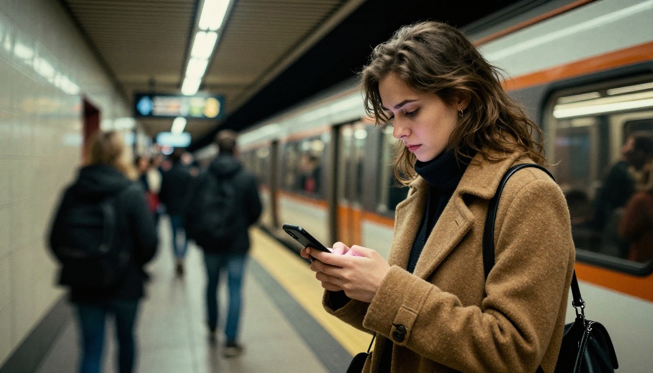 A commuter on a subway platform scrolling past content without stopping