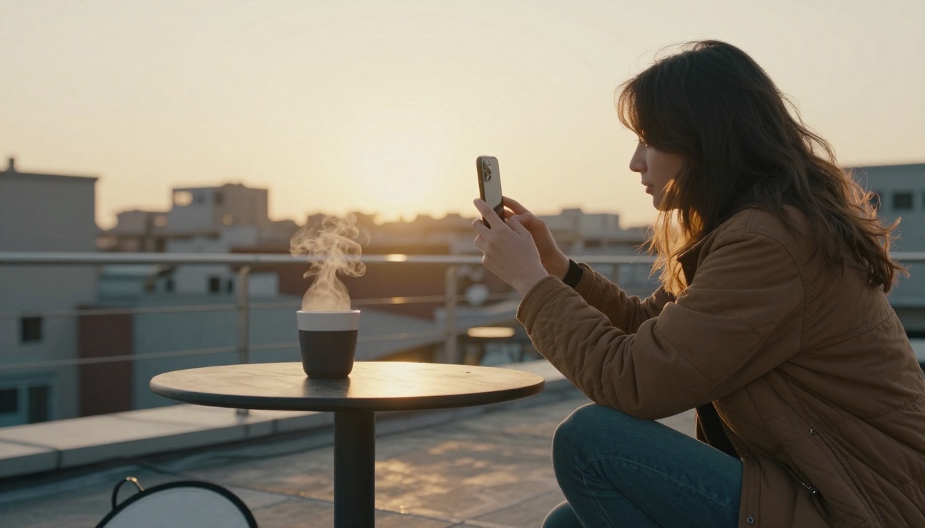 A creator filming a short vertical clip on a rooftop terrace at golden hour