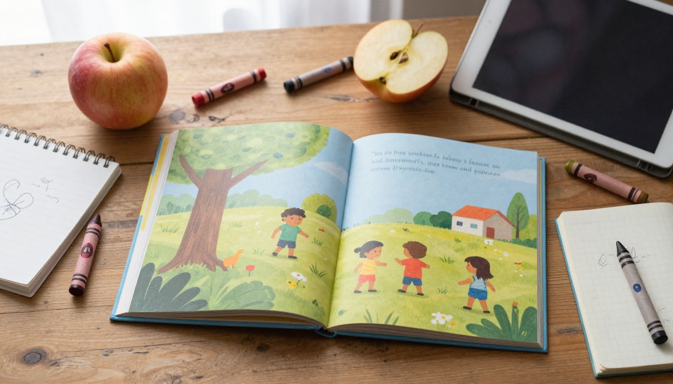 Flat lay of an open picture book with crayons, apple slices and a tablet on an oak table