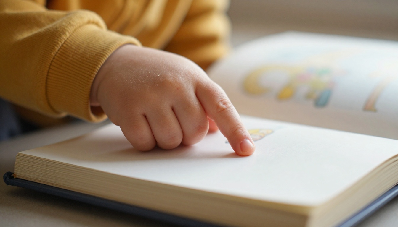 Close-up of a small child's hands turning a page of a hardback picture book in warm window light