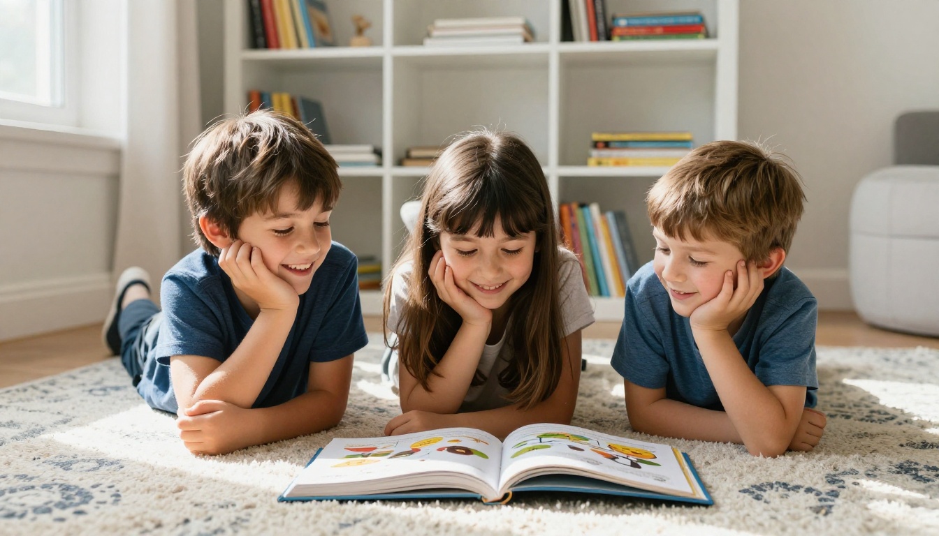 Three children lying on a patterned rug sharing one big picture book, photographed from floor level