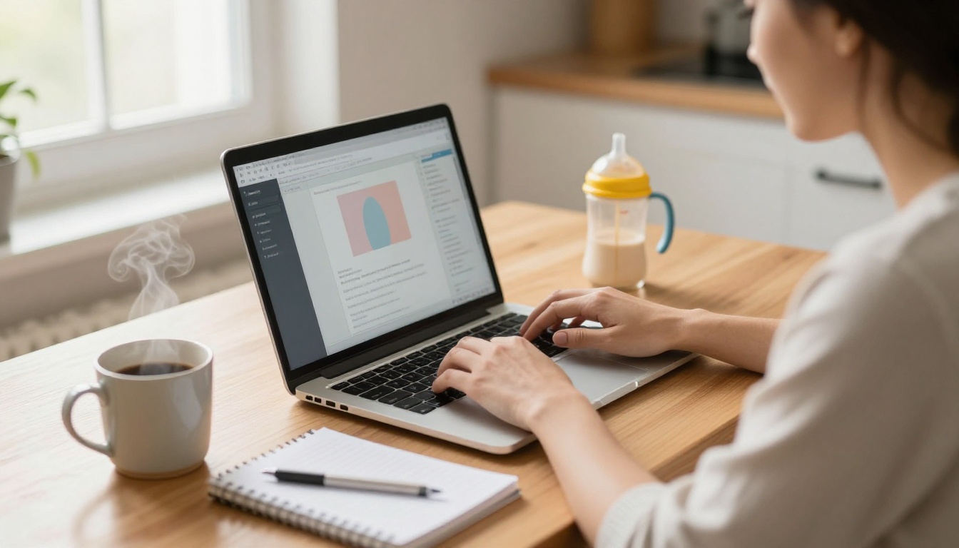 Over-the-shoulder view of a mother typing on a laptop at a sunny kitchen table with a coffee mug