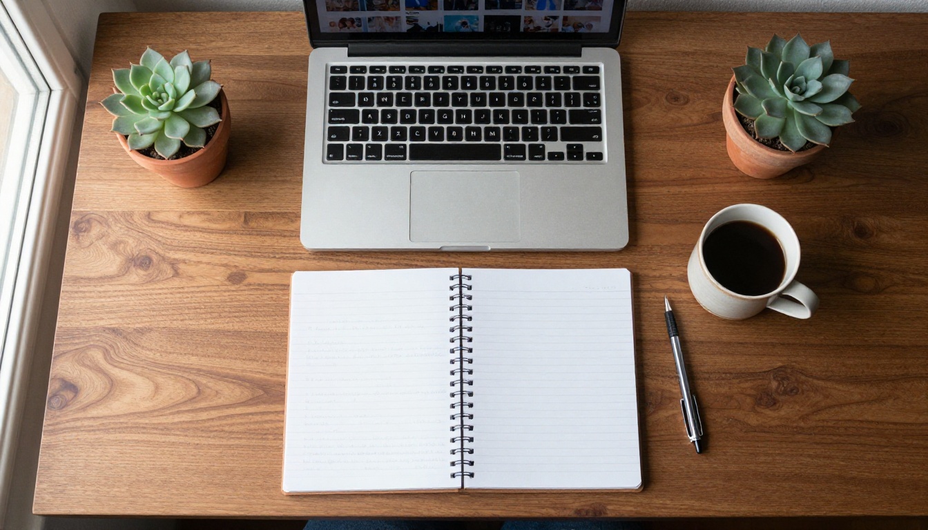 Overhead view of a walnut desk with a laptop showing a grid of thumbnails and a notebook of prompt notes