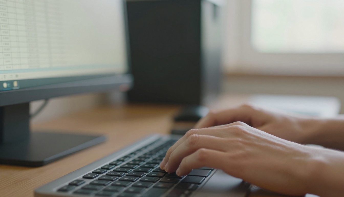 Hands typing on a laptop with a spreadsheet grid out of focus on the monitor behind