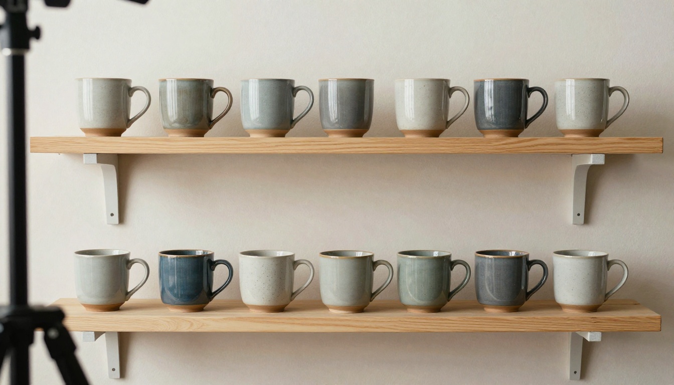 Rows of stoneware mugs in six glaze colors on studio shelves, a consistent product set