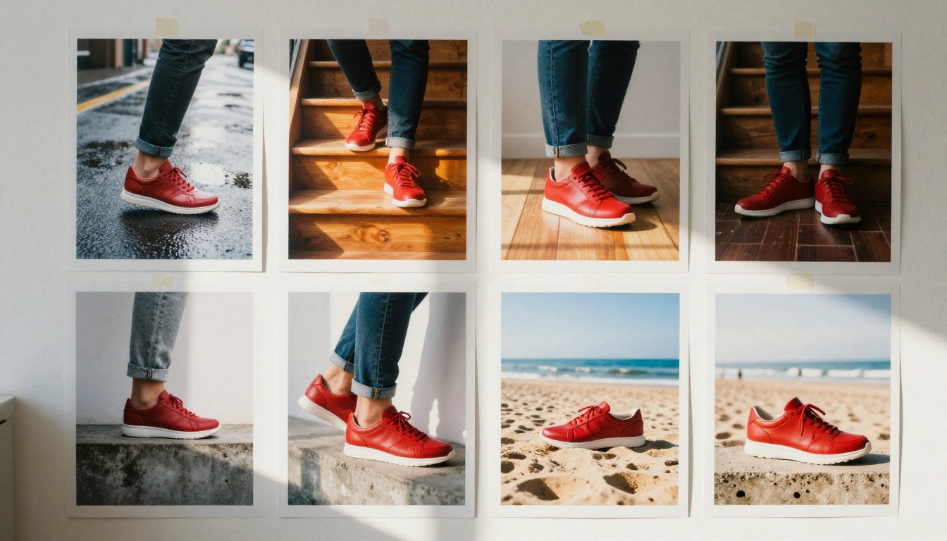 Designer stepping back from a studio wall filled with prints of the same red sneaker in different settings