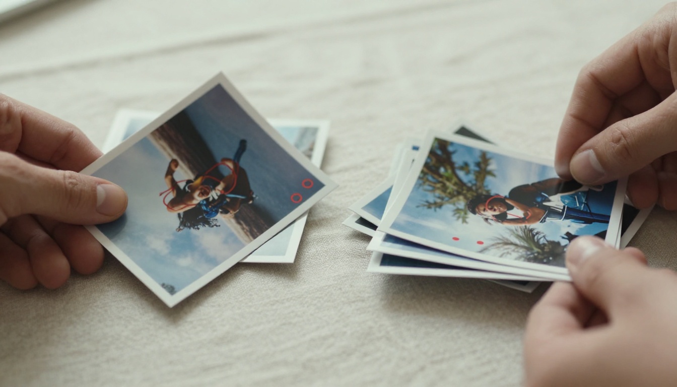 Hands sorting printed photo proofs into two piles on a linen tablecloth