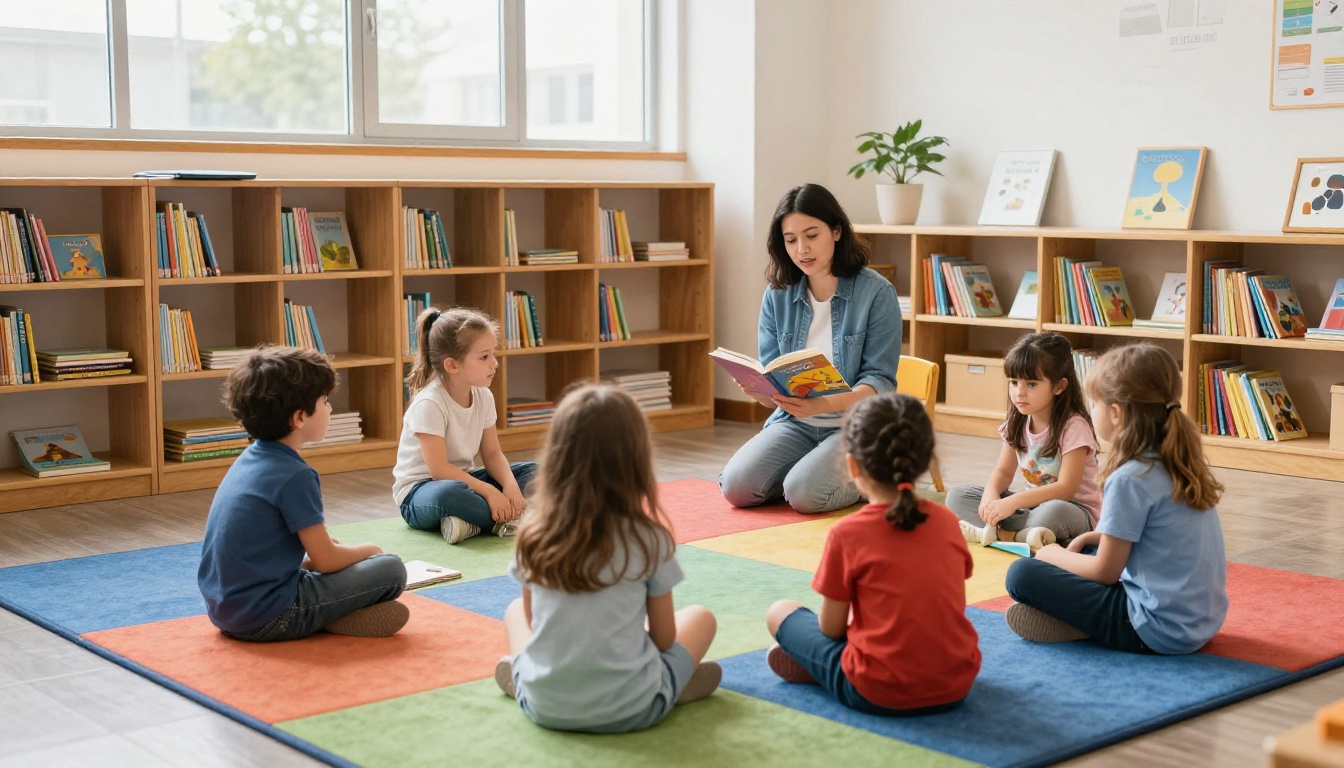 Primary school reading corner where a teacher reads aloud to six children on a carpet