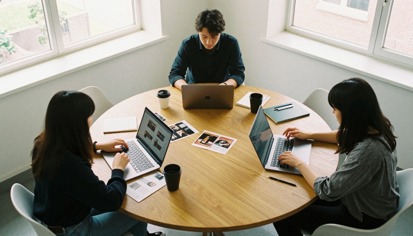 Three people comparing printed images around a round table, each with a different laptop