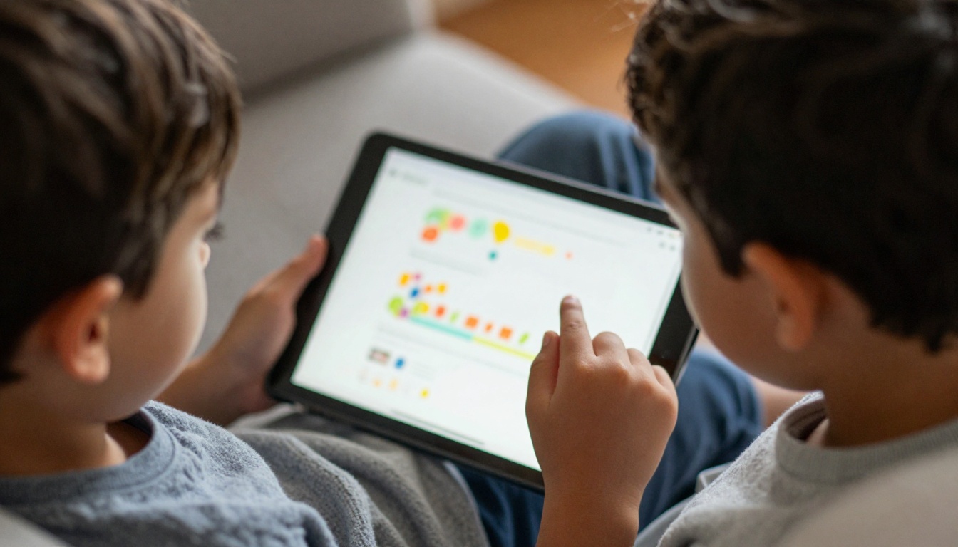 A boy on a sofa holding a tablet showing a bright storybook page, seen from behind his shoulder