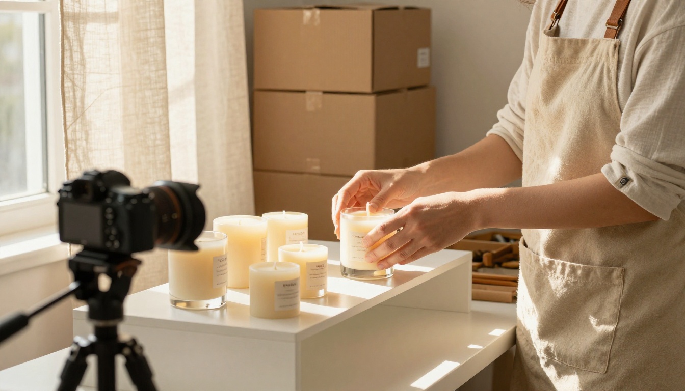 Shop owner in a canvas apron arranging soy candles on a sunlit shelf beside a camera on a tripod