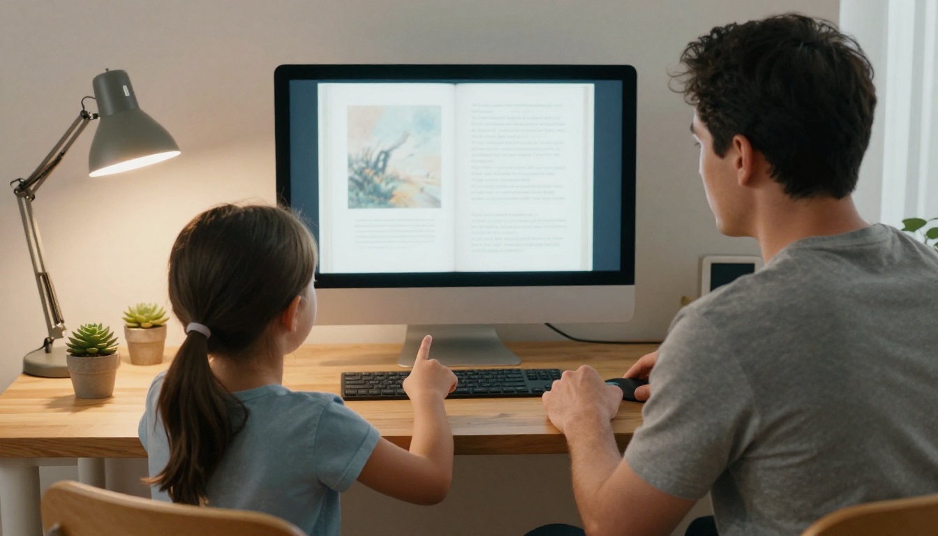 A father and his daughter looking together at a monitor showing a storybook page layout