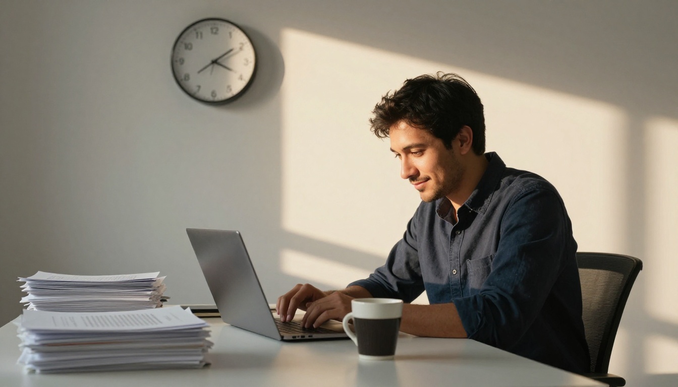 Man closing his laptop at the end of the workday beside a stack of printed proofs